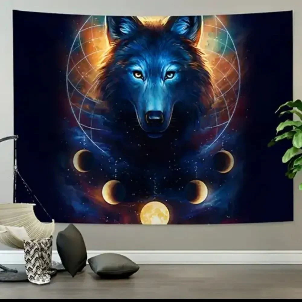 Wolf Tapestry with moon phases spirit animal wall art